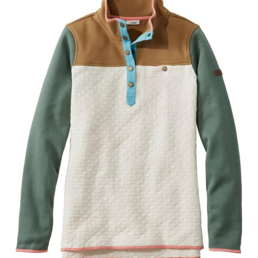 L.L. Bean Quilted Sweatshirt, Mockneck Tunic Colorblock in Cream/Saddle - NWT
